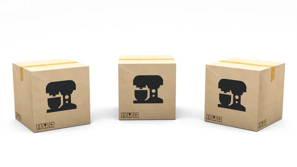 印有产品图标的卡夫盒 搅拌器 纸板包装由3D制作 呈现在三个不同的角度 简单的剪报 — 图库照片
