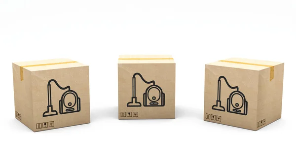 印有产品图标的卡夫盒 吸尘器 纸板包装由3D制作 呈现在三个不同的角度 简单的剪报 — 图库照片