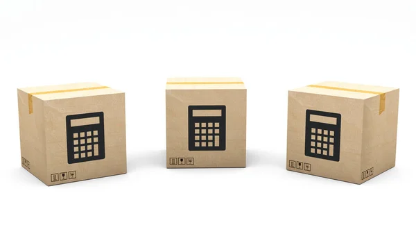 卡夫盒子上盖有图标 计算器 纸板包装由3D制作 呈现在三个不同的角度 简单的剪报 — 图库照片