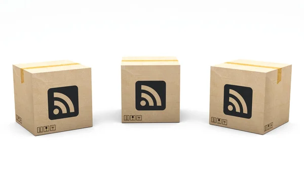 卡夫盒盖有图标 Wifi 纸板包装由3D制作 呈现在三个不同的角度 简单的剪报 — 图库照片