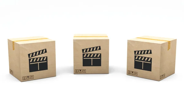 印有图标的卡夫盒 电影剪贴板 纸板包装由3D制作 呈现在三个不同的角度 简单的剪报 — 图库照片