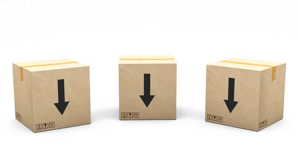 木盒上盖有图标 向下箭头 纸板包装由3D制作 呈现在三个不同的角度 简单的剪报 — 图库照片