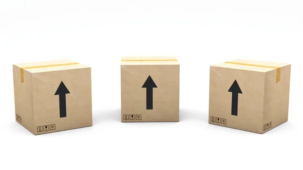 木盒上盖有图标 向上箭头 纸板包装由3D制作 呈现在三个不同的角度 简单的剪报 — 图库照片