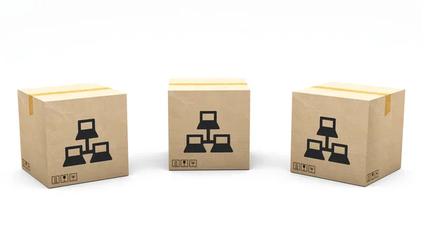 卡夫盒子上盖有图标 计算机网络 纸板包装由3D制作 呈现在三个不同的角度 简单的剪报 — 图库照片