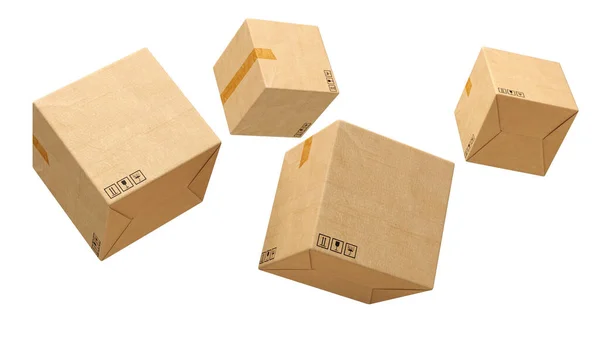 구조선 상자요 박스들이 날아다니고 패키지는 만들어 렌더링되었습니다 — 스톡 사진