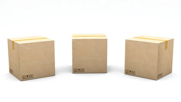 クラフトボックス 印刷されていない箱 3Dで作られ 3つの異なる角度でレンダリングされた段ボールパッケージ フロント 簡単にクリッピング — ストック写真