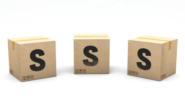 纸盒上有字母 的纸盒 有三个不同的位置 3D渲染中的字母 简单的种植 一次点击 孤立的白色背景 免版税图库照片