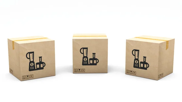 印有产品图标的卡夫盒 离心机 搅拌机 纸板包装由3D制作 呈现在三个不同的角度 简单的剪报 图库照片