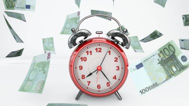 Zamanın Kavramsal Fikri Paradır - Önplanda Bir Saatle Dağılmış Euro Notları