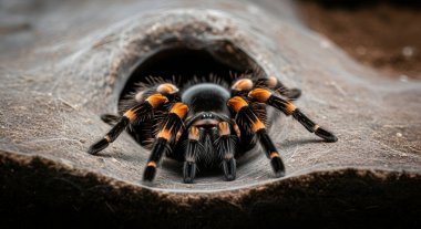 Yuvasından çıkan bir tarantula, siyah ve turuncu çizgili bacaklarını gösteriyor.