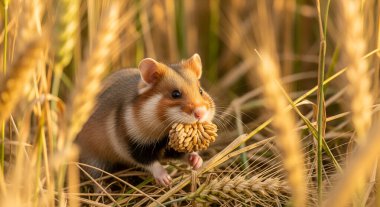 Yanakları dolu bir Avrupalı hamster altın saatinde buğdayın ortasında duruyor, sevimli bir kemirgen portresi.