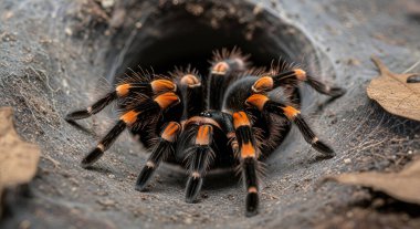 Yuvasından çıkan bir tarantula, turuncu ve siyah çizgili bacaklarını açıkça gösteriyor.
