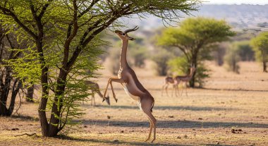 Bir gerenuk, Afrika 'nın vahşi doğasındaki doğal savanasında, bir ağaçtaki yapraklara uzanarak dimdik ayakta duruyor.
