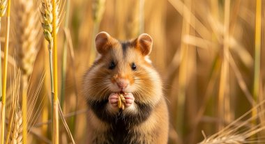Şirin bir Avrupalı hamster buğday tarlasında tohum yiyor. Arkaplanı bulanık ve yakın plan bir portrede.