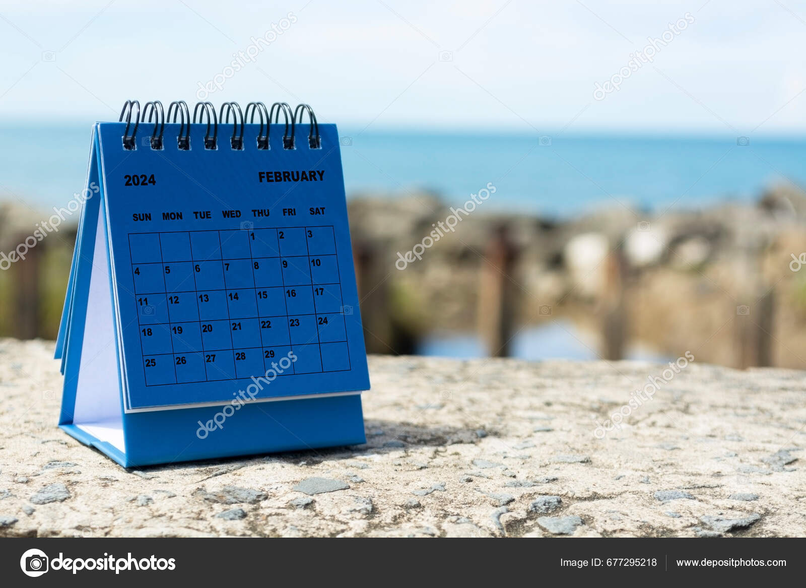 Blue February 2024 Calendar Blurred Background Blue Ocean 2024 New