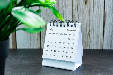 Beyaz Kasım 2024 takvimi saksı bitkisi olan ahşap masa üzerinde. 2024 Yeni Yıl Konsepti