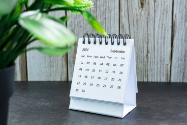 Beyaz Eylül 2024 takvimi saksı bitkisi olan ahşap masa üzerinde. 2024 Yeni Yıl Konsepti