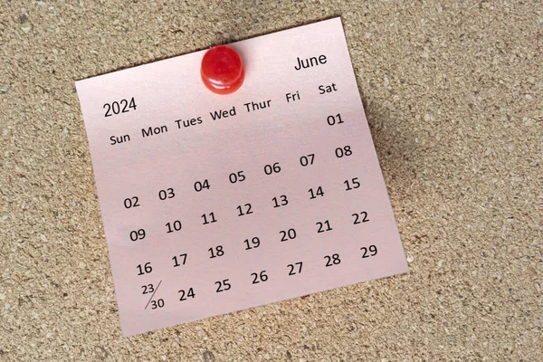 Июнь 2024 Календарь Липкой Ноте Напоминание Концепция Сообщения Концепция 2024 — стоковое фото