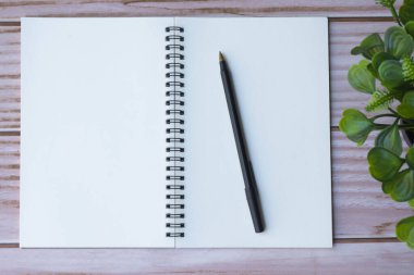 Kalem, not defteri ve bitkiyle dolu ofis masasının tam üstünde. Düz yatıyordu. Boşluğu kopyala.