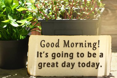 Motivational quote on brown burn paper with potted plant - Good morning It's going to be a great day today. clipart