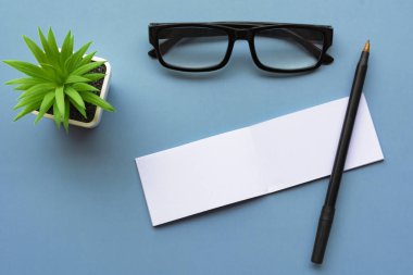 Okuma gözlüğü, kalem ve saksı bitkisi olan not defteri. Tam üstte. Düz konum, İleti ve anımsatma kavramı.