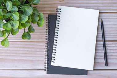 Tahta masanın üzerinde kalem ve saksı bitkisi olan not defterinin tam üstünde. Düz yatıyordu. Boşluğu kopyala.