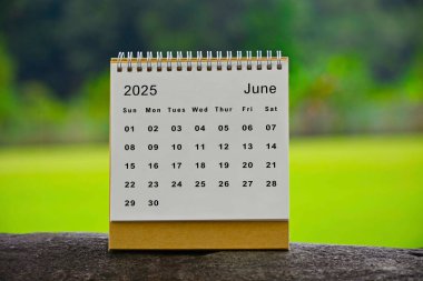 Yeşil arkaplanı bulanık Haziran 2025 beyaz takvim.