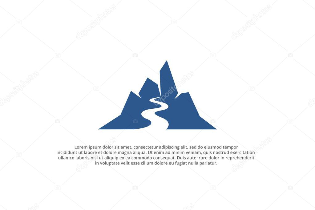 Mountain hill logo design with river silhouette template