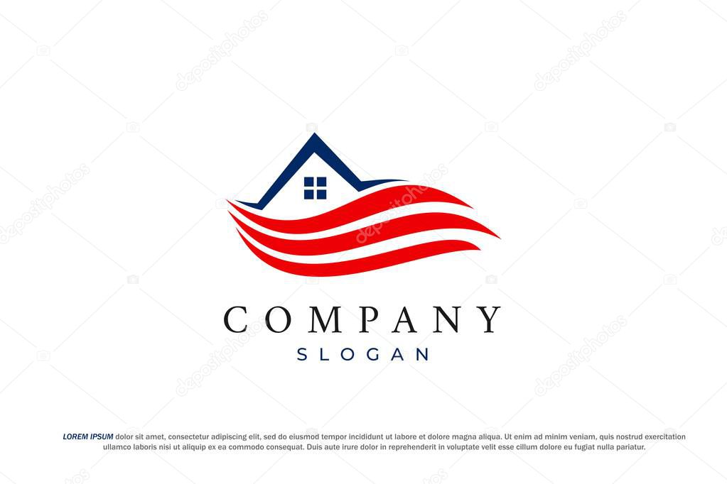 Waving usa flag house home roof real estate modern logo
