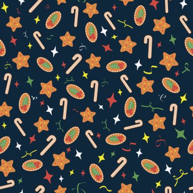 Xmas zencefilli ekmekleri pürüzsüz. Zencefilli çörek adam, yıldızlar, baston şekerler, mavi üzerine zencefilli kurabiye. Tekstil, ambalaj kağıdı, kırtasiye, kart için. Vektör illüstrasyonu.