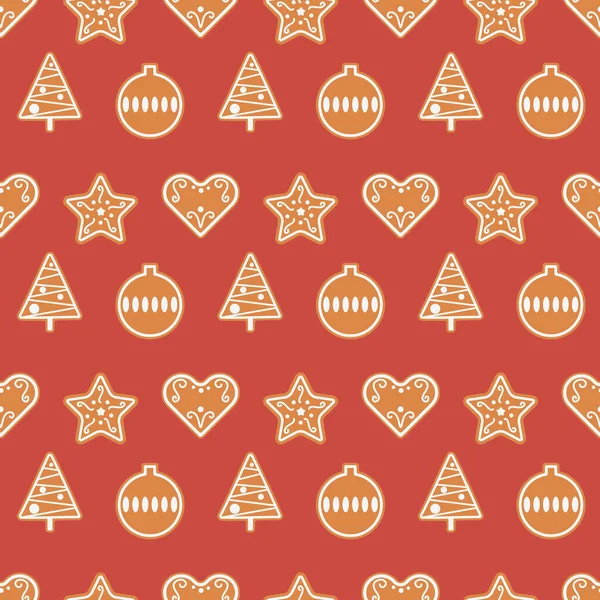 Weihnachten Nahtlos Festlicher Hintergrund Mit Lebkuchen Bäume Kugeln Sterne Und — Stockvektor