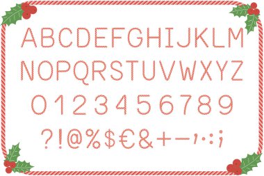 Şeker kamışı alfabesi. Noel kırmızı ve beyaz çizgili harfler, sayılar ve semboller. Vektör illüstrasyonu.