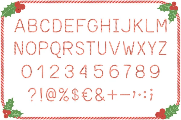 Zuckerrohralphabet Weihnachten Rot Weiß Gestreifte Buchstaben Zahlen Und Symbole Vektorillustration — Stockvektor