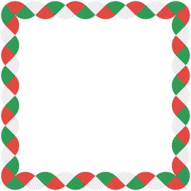 Decorative square border frame. Festive decorations- green, red and white paper fans isolated on white background. Vector illustration. For greeting card, banner, flyer, invitation.