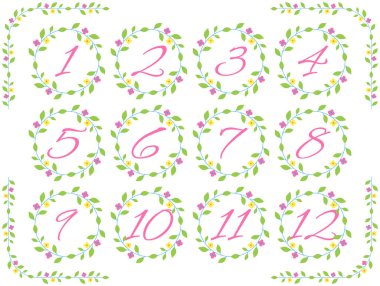 Bebek için aylık dönüm noktası çıkartmaları. Bebek partisi tasarım elemanları. Doğum günü ikonları. Vektör illüstrasyonu.