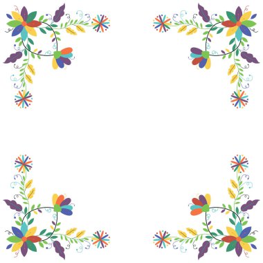 Halka açık nakış çerçevesi. Fiesta davetiyesi için tasarım şablonu, düğün ve doğum günü davetiyesi, tebrik kartı, restoran menüsü. Meksikalı Otomi Tenango nakış stili. Kare çiçek sınırı. Vektör