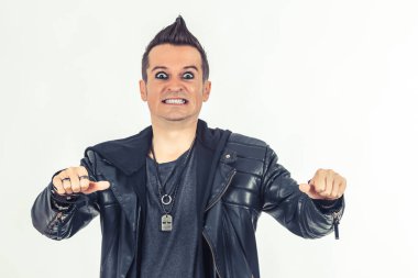 Portrait of bizarre man gesturing over white background.
