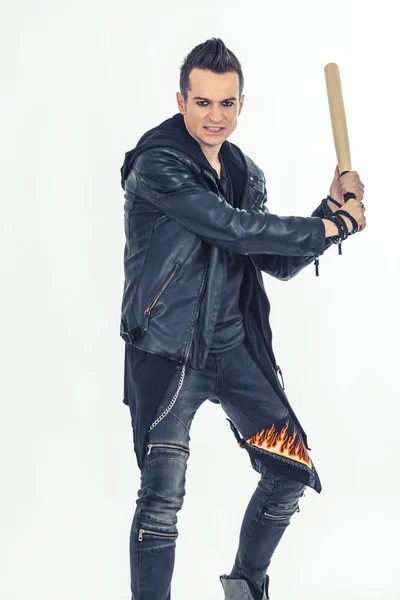 Angry man with baseball bat on white background.