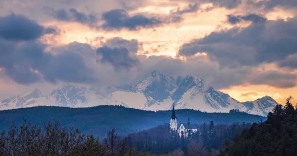 Vista Basílica Virgen María Levoca Altos Tatras Sobre Fondo Time — Vídeos de Stock