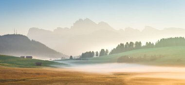 Bu fotoğraf Alpe di Siusi 'yi gün doğumunda Dolomitlerde, sisli yeşil çayırlar, dağınık kulübeler ve yumuşak sabah ışığında yıkanmış uzak dağlarla yakalar.