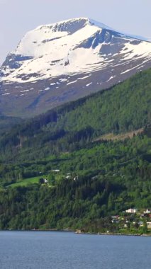 Yeşil yemyeşil tepeleri ve karla kaplı dağları olan Norveç kıyı şeridinin manzarası fiyorttan geçen bir yolcu gemisinden çekiliyor. 