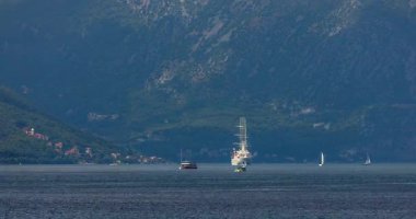 Kotor, Karadağ - 09 Eylül 2025: Beyaz Yelkenli Yat Rüzgarı Karadağ 'ın Kotor Körfezi' ne geri planda dramatik dağlarla giriyor
