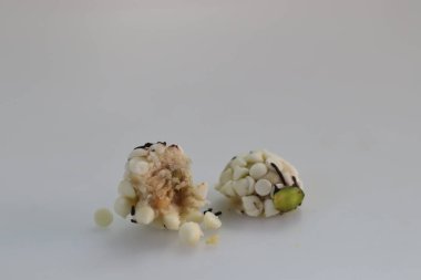 Kaju Choco Chips Laddu. Beyaz çikolata parçalı kaju laddu. Beyaz arkaplanda çekilen