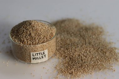 Closeup of little millet grains in a glass bowl with label on it filled to the brim, showcasing their small size and earthy color. Ideal for food, nutrition, and healthy eating visuals clipart