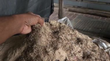 Bir mobilya imalat şirketinde kesme ve işlemeden kaynaklanan talaş yığını. Geri dönüşüme göndermeden önce tasarlanmış ahşaptan üretilen atıkları gösterir