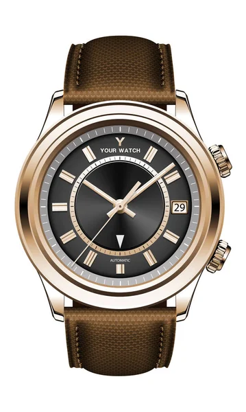 現実的な時計の時計の時計の金の黒の顔のグレーの矢印とともにファブリックストラップ白のデザイン古典的な高級男性ベクトル — ストックベクタ