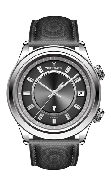本物の時計の時計の時計のシルバーブラックフェイスグレーの矢印は 男性ベクトルのための白いデザインの古典的な高級上のファブリックストラップ — ストックベクタ