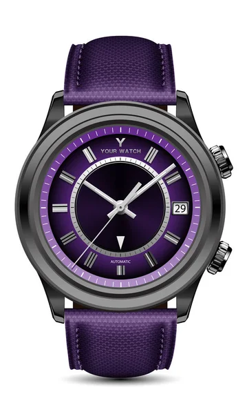Reloj Realista Reloj Negro Acero Gris Flecha Púrpura Cara Con — Archivo Imágenes Vectoriales