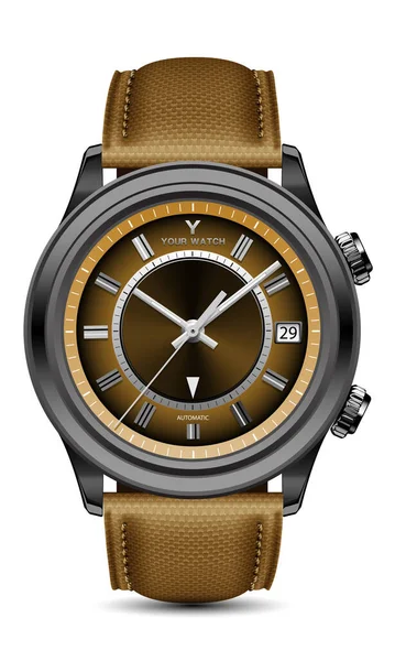 本物の時計の時計の時計のブラックスチールグレーの矢印黄色の顔は 男性のベクトルのための白いデザインの古典的な高級上のファブリックストラップ — ストックベクタ