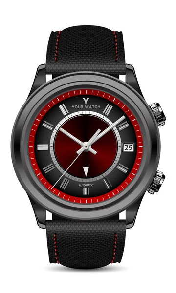 stock vector Realistic watch clock black red steel grey arrow with fabric strap on white design modern luxury for men vector